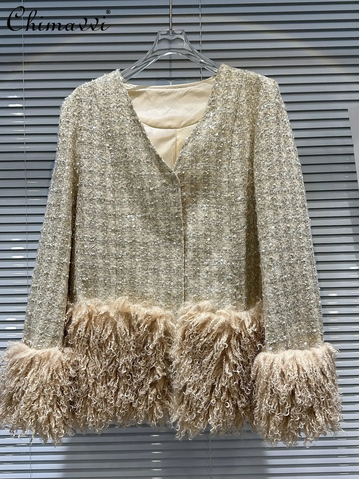Giacche da donna Moda autunno Vestibilità ampia Maniche lunghe Imitazione lana di agnello Cappotto con giunture Giacche di tweed di seta brillante di lusso per donna 231006