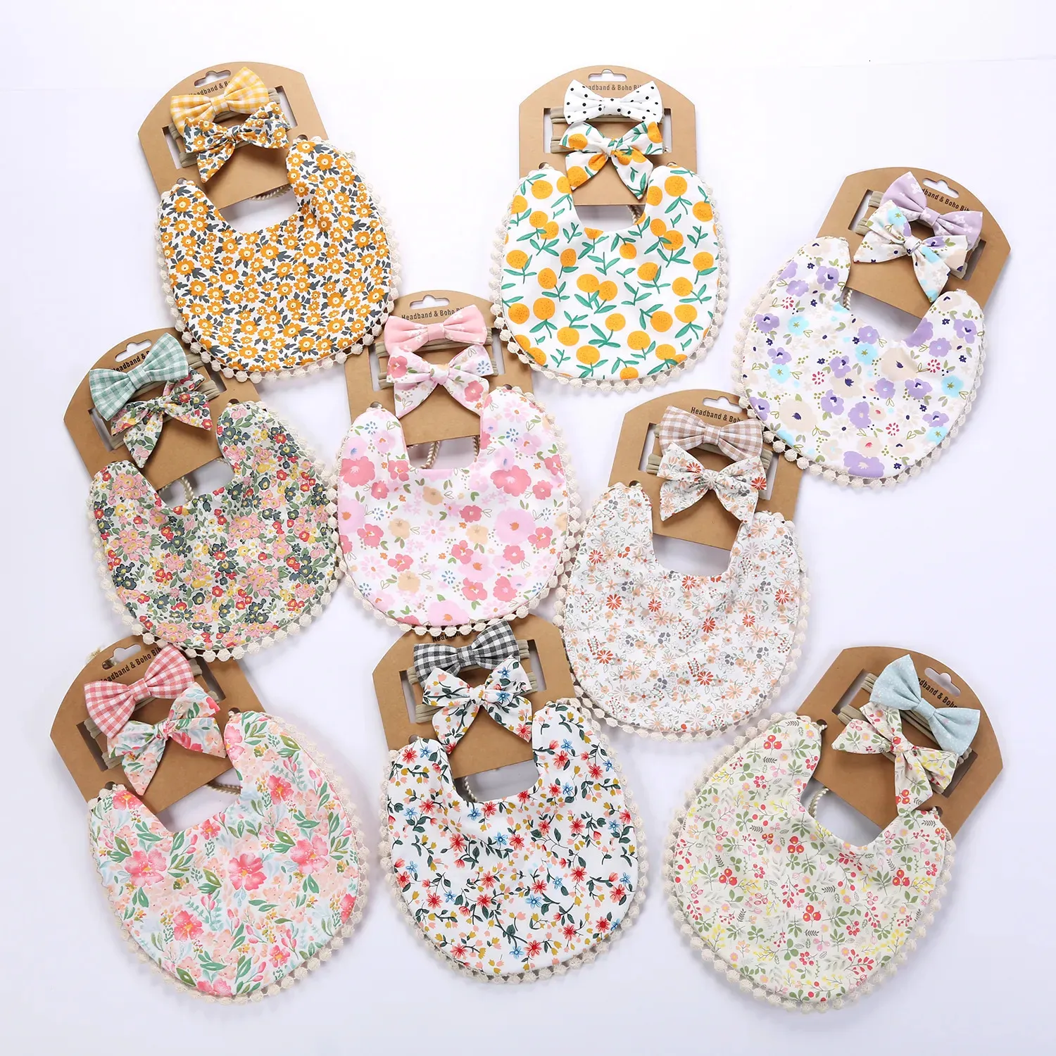 선물 세트 9Sets/Lot Bair Boys Girls Bibs Headband Floral Dot Plain Print Tassel 저녁 식사 타액 타액 빈티지 더블 사이드 의류 231006