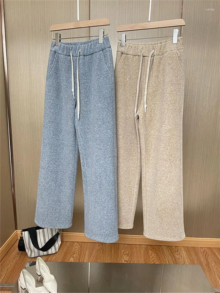 Women's Pants Lady Straight Thickened Plush Warm Wool Blend Sweatpants Women Waist Drawstring High Wide Trousers 2023 Autumn Winter