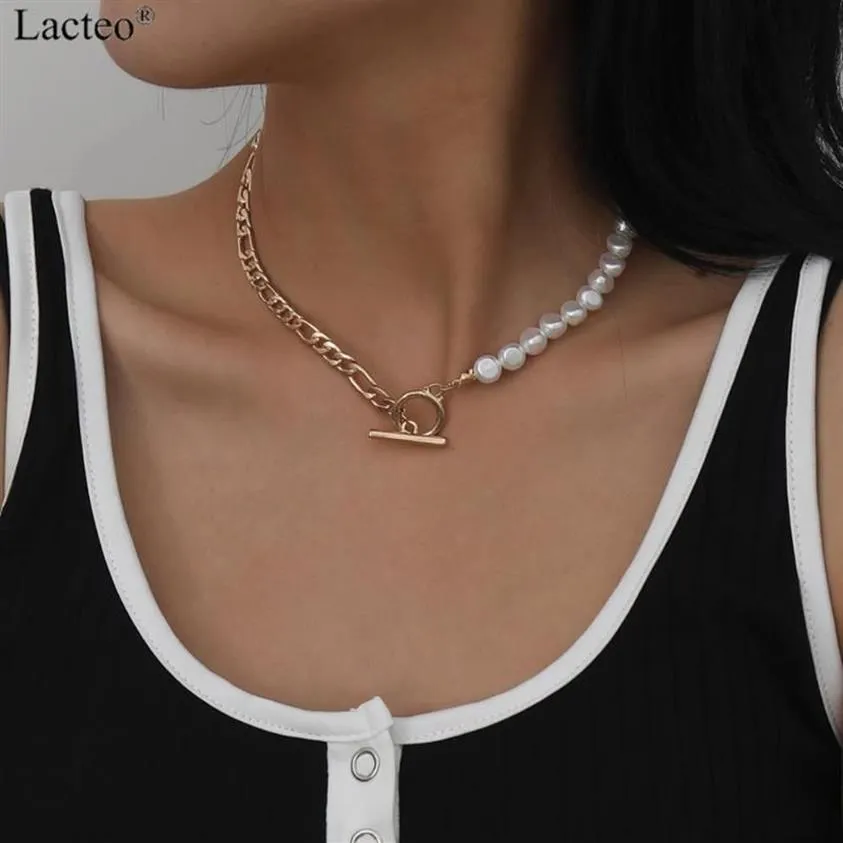 Bohemian Imitation Pearl Metal Chain Choker Halsbandsmycken för kvinnor Circle Stick Button Statement Pendant Necklace230a