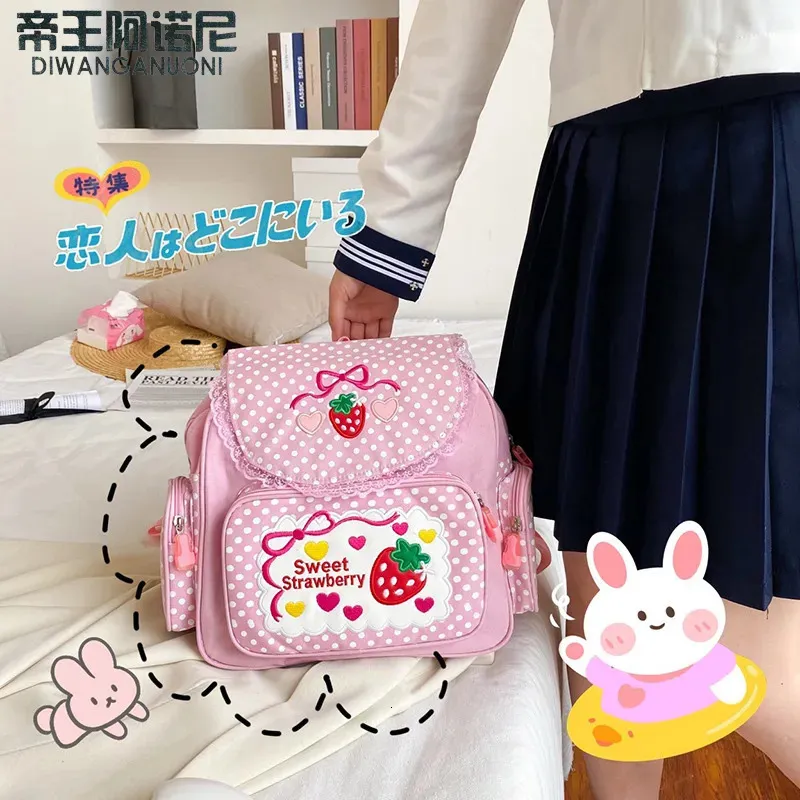 School Bags Children's School Bags Student Girls Birthday Gift Pink Girl Embroidery Strawberry Japanese Cartoon Children Backpack 231006