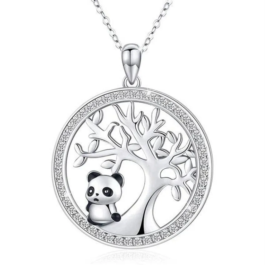 Cute Panda Crystal Bridal Necklace Vintage Female Tree Of Life Pendant Rose Gold Silver Color Chain Necklaces For Women282F