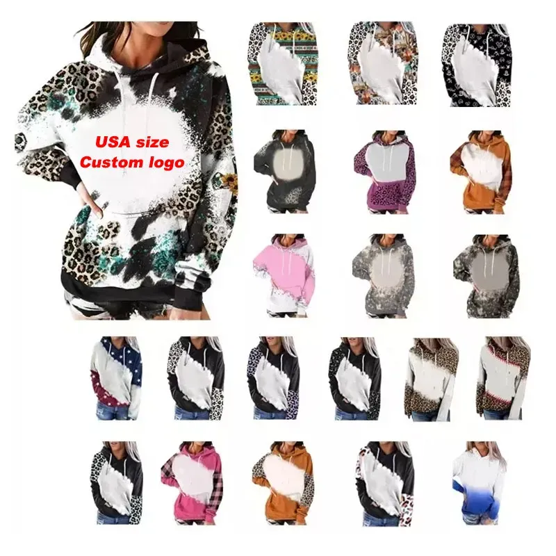 Atacado Leopard Grain Adultos Bleach Moletons 100% Poliéster Sublimação Em Branco Faux Branqueado Hoodies Imprimíveis Logotipo Tie Dye Pulôver Suéter Camisas FS9544