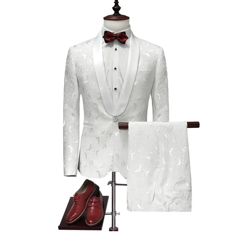 2017 Latest White Floral Wedding Tuxedo For Men Slim Fit Printed