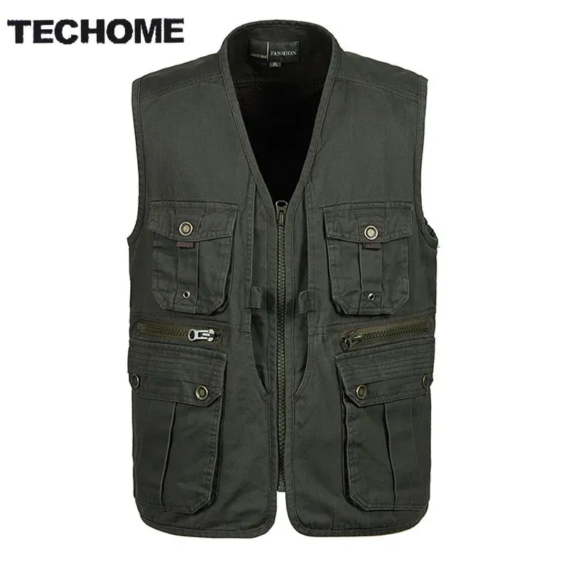 Men's Vests Multifunctional Mens Cotton Army Green Khaki Military Vest Male Copper Buckle Multipocket Pography Vests Men Waistcoat Jacke 231005