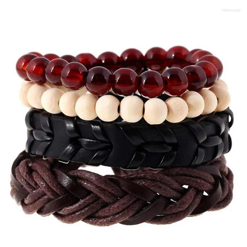 Pulseras con dijes 4 unids / set Vintage Boho Trenza Marrón Cuero Negro Beige Madera Rojo Onyx Piedra Cuentas Capas Pulsera Brazaletes Conjunto Unisex Mano