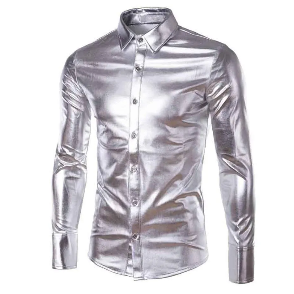 Chemises habillées pour hommes Or Argent Brillant Revêtement En Cuir Chemise Hommes Clubwear Mode À Manches Longues Haut Boutonné Style Punk Hip Hop 2137