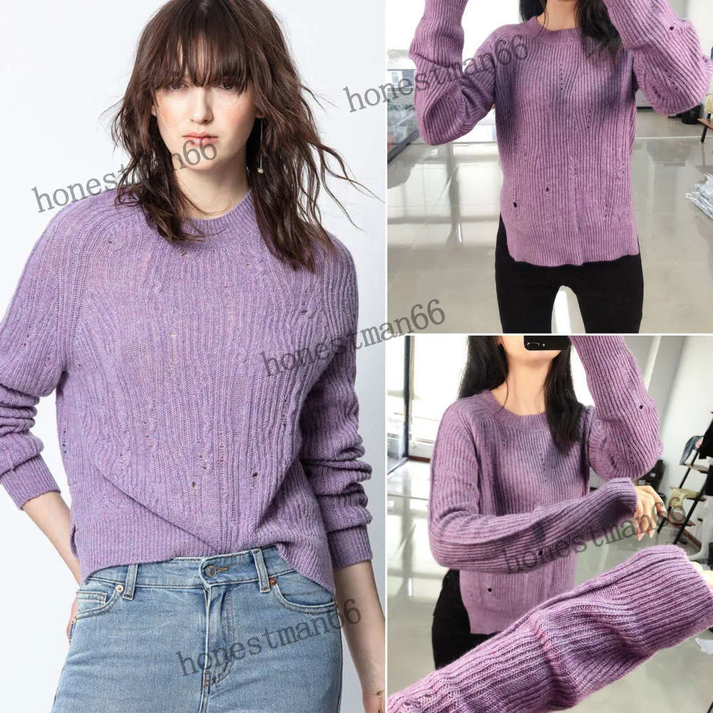 Zadig Voltaire 23AW Nowy hak kwiat pusty kaszmir stały kolor fioletowy podzielony sweter Zadig Women Designer Pullover Slim Knitting Zadigs Top