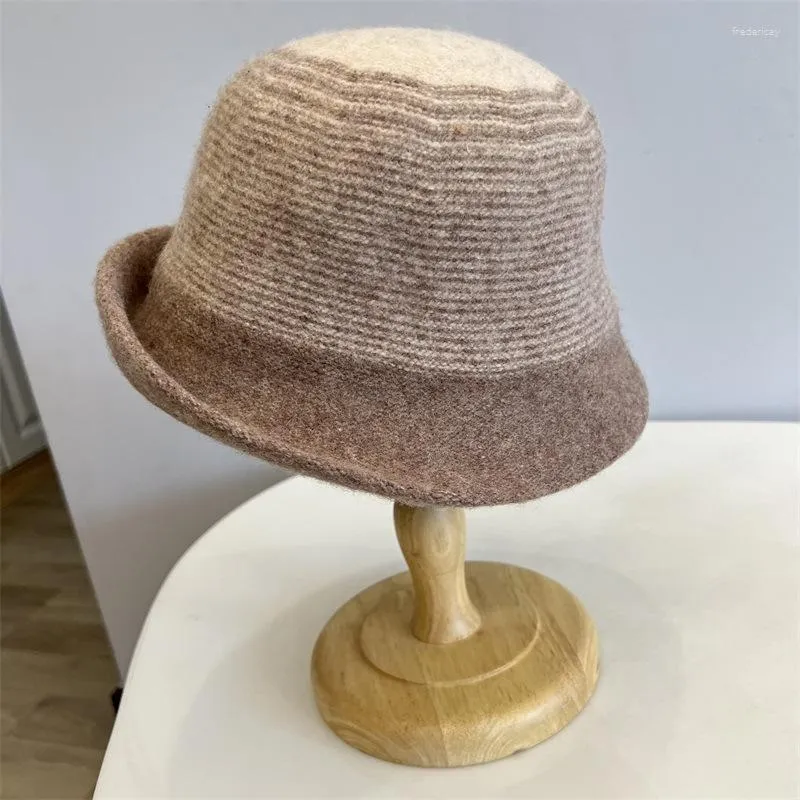 Berets Japanese Wool Knitted Horizontal Stripe Front Upturned Basin Hat For Women's Winter Warmth And Fashion Round Top Fisherman