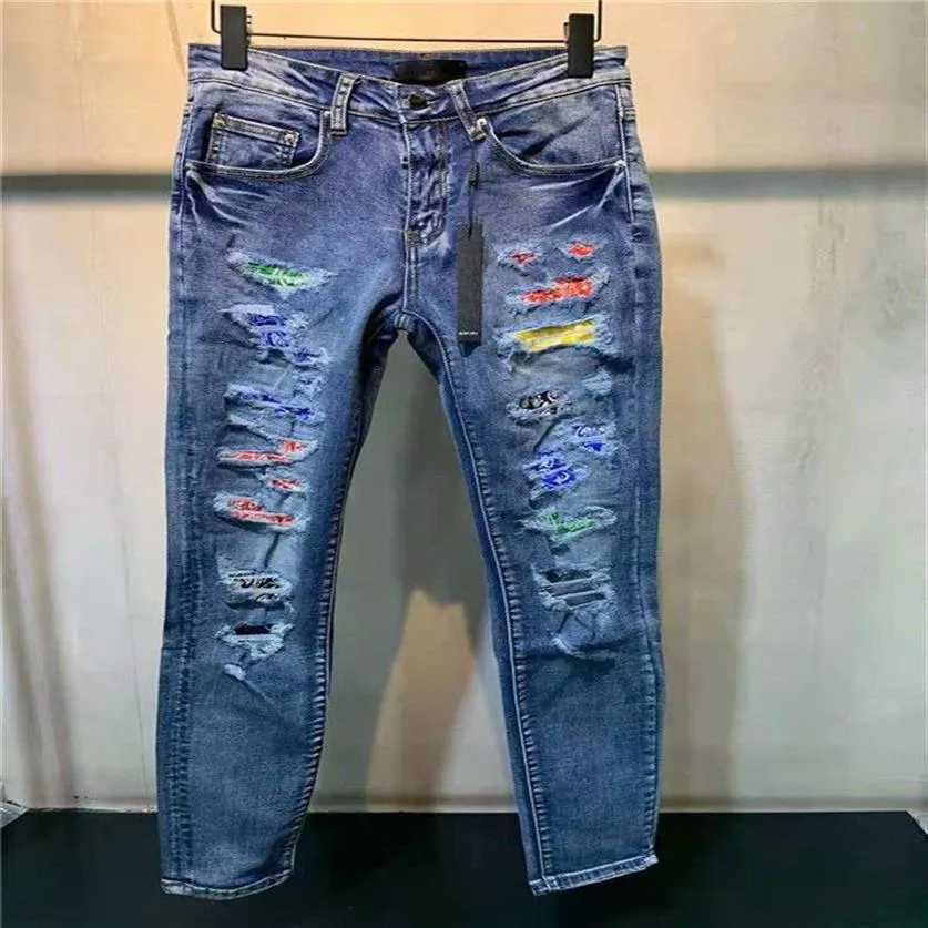 21SS Luxurys Designer Modèle Trou Style Hommes Jeans Classiques Marque Designers Bleu Slim-jambe Peint Moto Moto Biker Top Quali2717