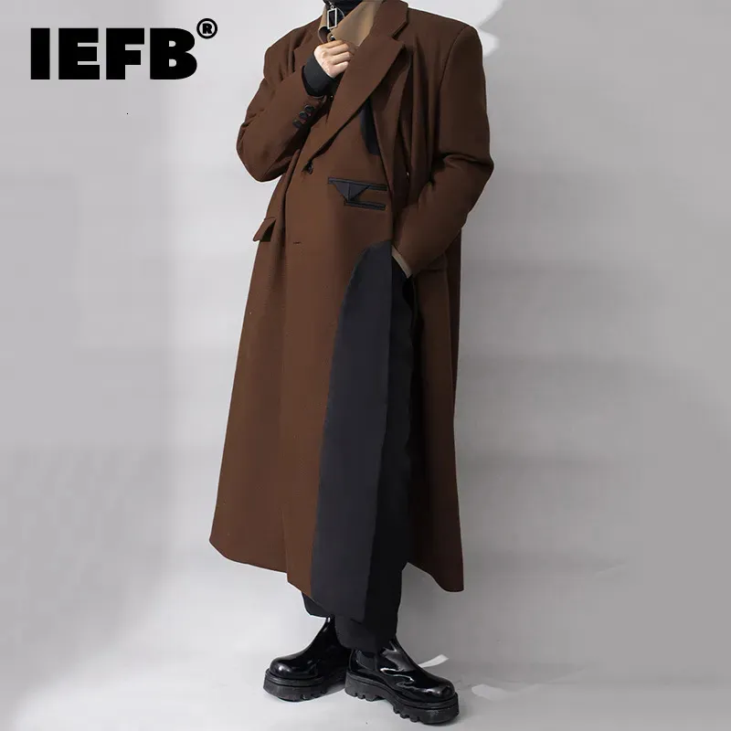 Męskie mieszanki wełny IEFB Highend Men wełniany płaszcz w stylu koreański średniej długości fałszywy dwuczęściowy rozstrzyganie Filc Rów Bawełniany wiatrówek 9C1269 231006