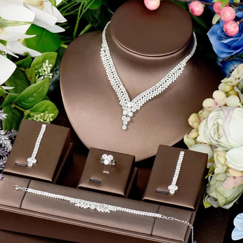 Naszyjne kolczyki Zestaw Hibride Ladies Woda z kroplami i zestawem pierścieni Eleganckie sześcienne cyrkonowe Akcesoria biżuterii ślubne Bijoux N-377