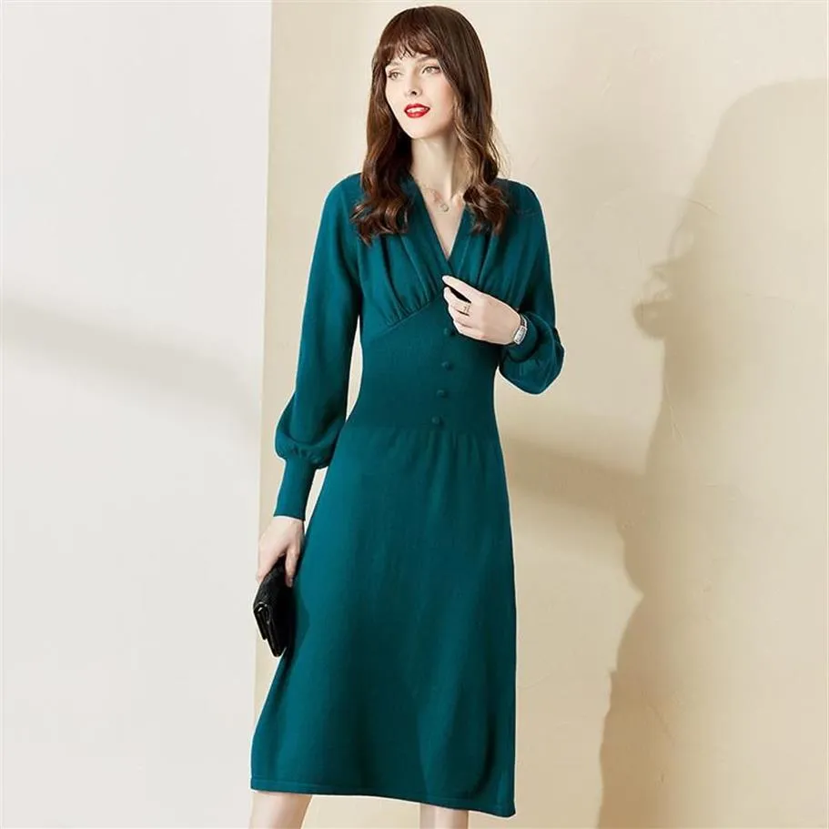 Casual Dresses Young Style Fashion Designers Autumn Winter Long Sleeve V Neck Wool Sweater Dress Office Lady Elegant Vestido Woman283D