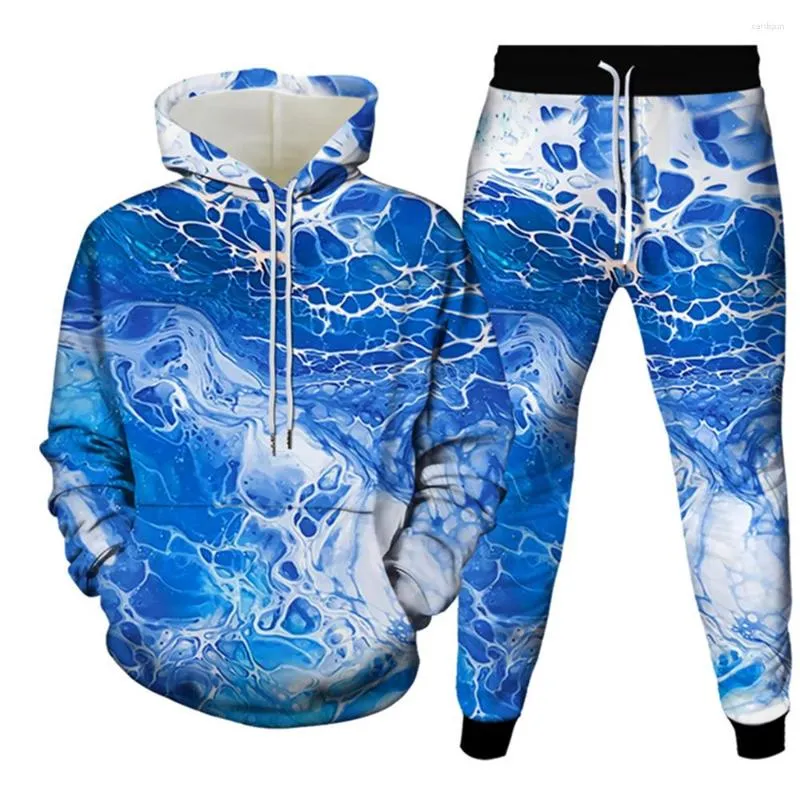 Fatos masculinos moda aquarela arte pintura 3d impresso conjuntos de treino casual com capuz e calças 2 pçs oversized pulôver roupas masculinas