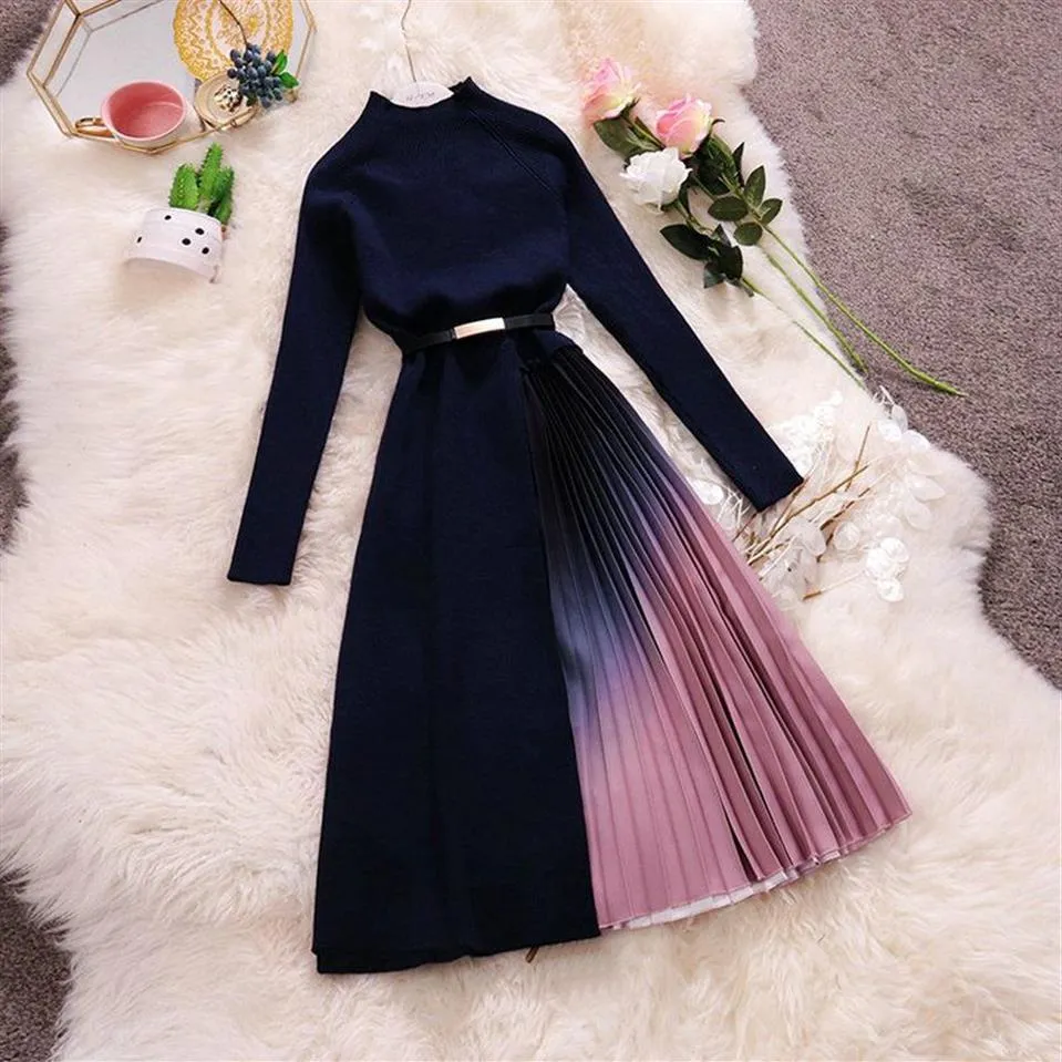 hisuma auturt Winter new women o-neck long leseve with chiffon pleated fairy dress feamle chich elegant seeater dresses t20297h