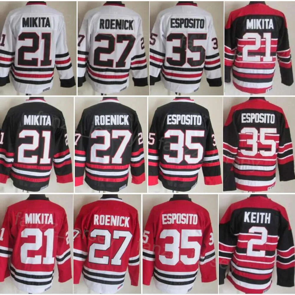 Man Vintage Hockey 27 Jeremy Roenick Jerseys CCM 21 Stan Mikita 2 Duncan Keith 35 Tony Esposito Retro Klassiek Alles gestikt Zwart Wit Rood Team Retire Pullover Hoog