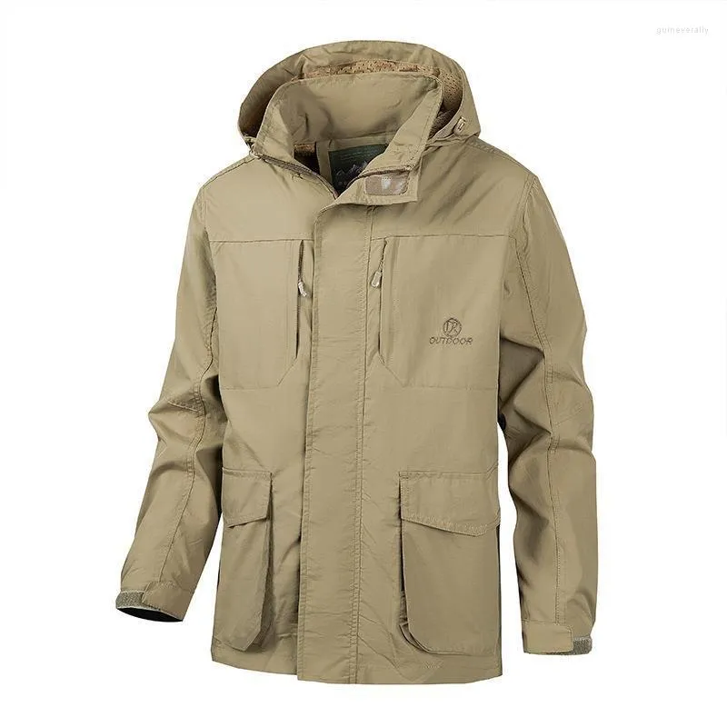 Herrenjacken, Kapuzen-Cargojacke mit mehreren Taschen, Outdoor-Wandern, Bergsteigen, winddichter wasserdichter Sportmantel