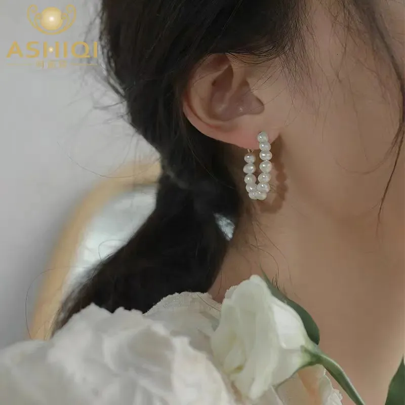 Hoop Huggie Ashiqi Natural Freshwater Pearl Baroque Circle Earrings 925 Sterling Silver Fashion Korean Jewelry for Women Trendy 231005