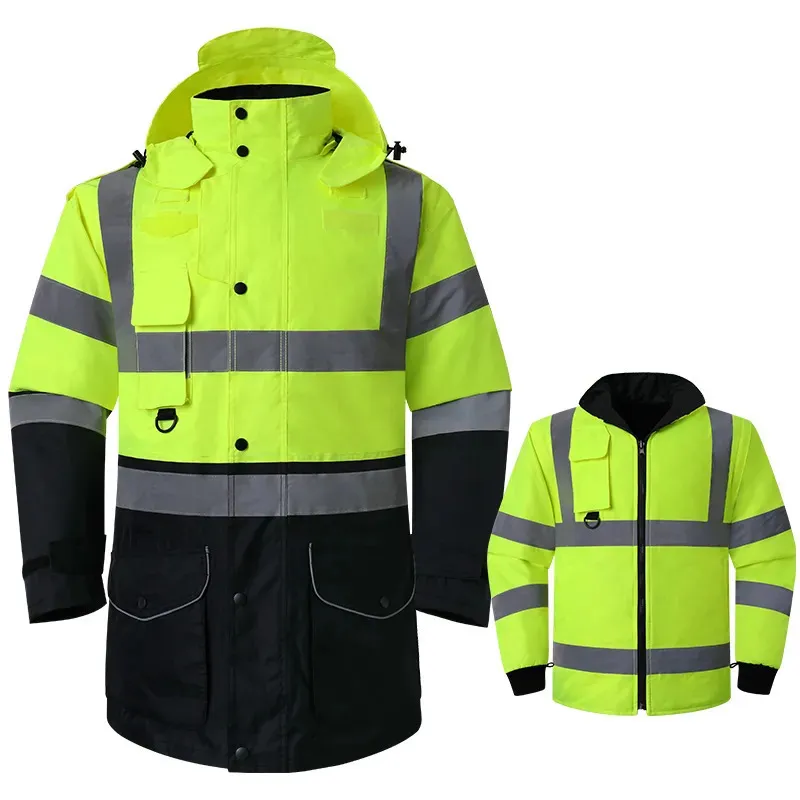 Herrarna Down Parkas High Vis Winter Jacket 7 i 1 Hi Safety Bomber för män Vattentäta Cyleproof Workwear Parka 231005