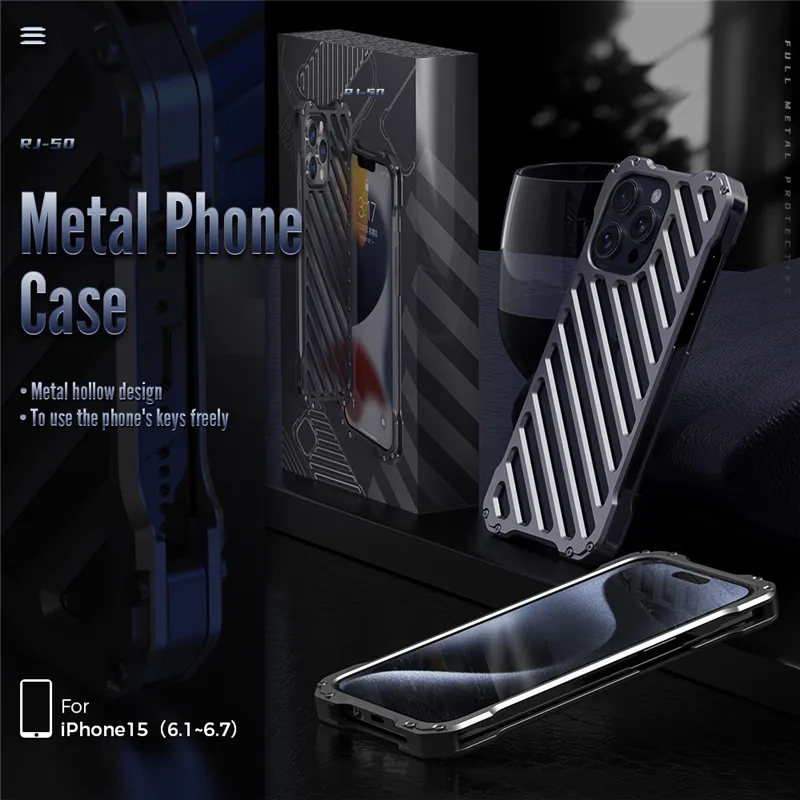 İPhone 15 için lüks içi boş out alüminyum alaşımlı Vogue telefon kasası 13 mini 12 14 Pro Max Dayanıklı Sağlam Şık Tam Koruyucu Tampon Metal Kabuğu Şok geçirmez