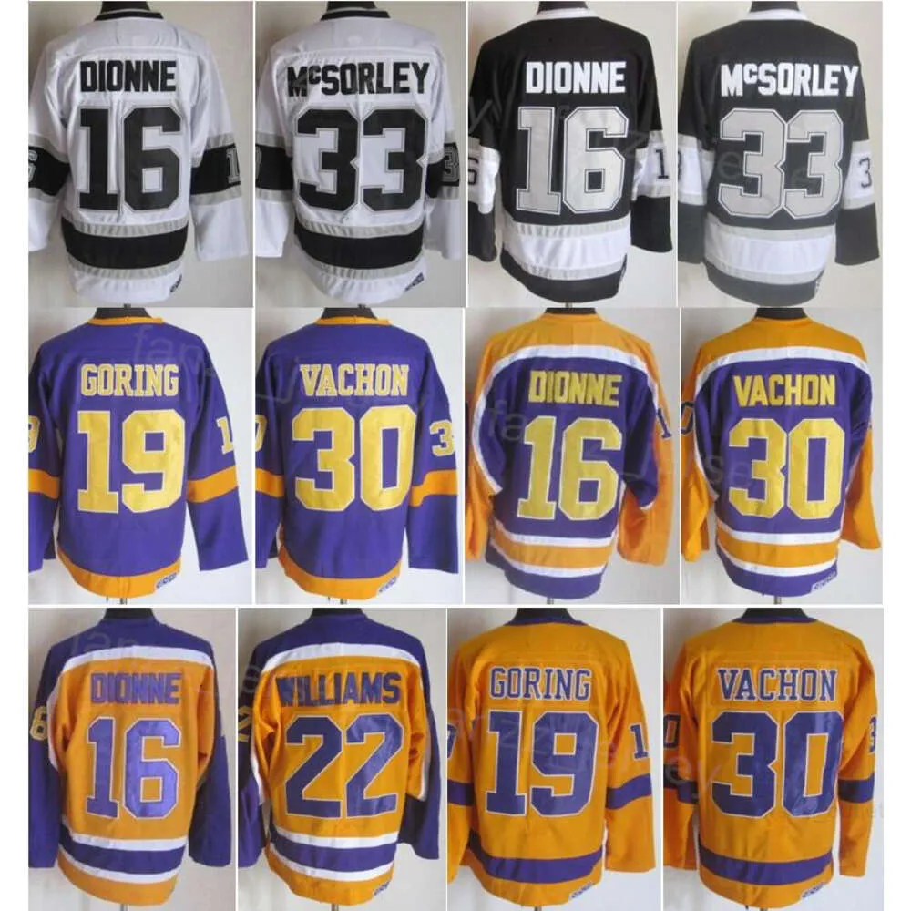 Man Vintage Hockey 30 Rogatien Vachon Jerseys Retro 33 Marty McSorley 22 Tiger Williams 19 Butch Goring 16 Marcel Dionne Classic CCM Retire Black White Yellow Purple