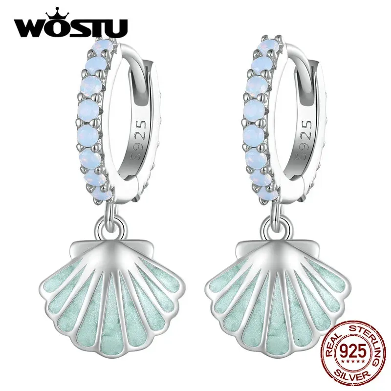 Hoop Huggie WOSTU 925 Sterling Silver Processus d'émail Boucles d'oreilles en coquillage de mer Pave Setting CZ Boucles d'oreilles pour femmes Ocean Series Bijoux 231005