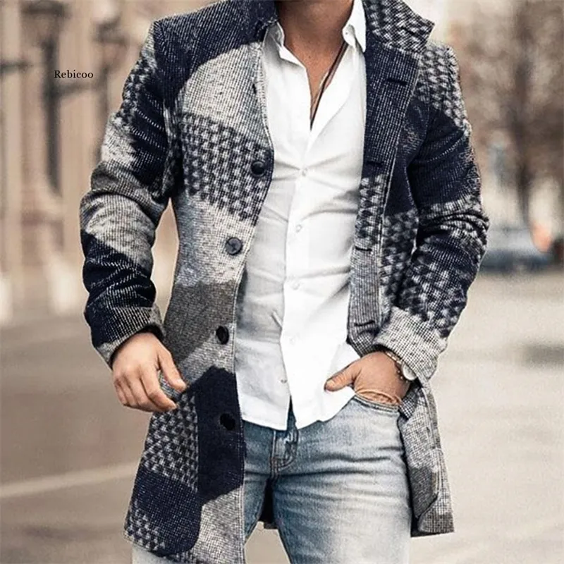 Misto lana da uomo Cappotto lungo autunno da uomo Blocco di colore geometrico Stampa Bottoni Risvolto Moda Giacca invernale da ufficio Cappotti di lana casual Oversize 231005