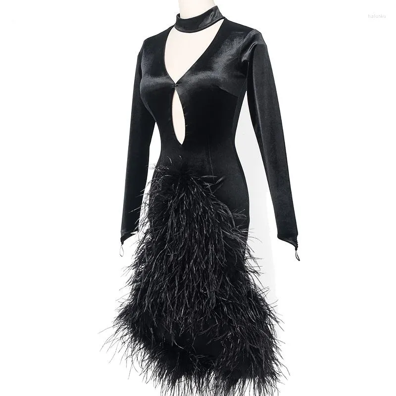 Stage Wear Velvet Latin Dance Dress Women Tango Modern Feather Ballroom Performance Costume Sexy Black JL3972