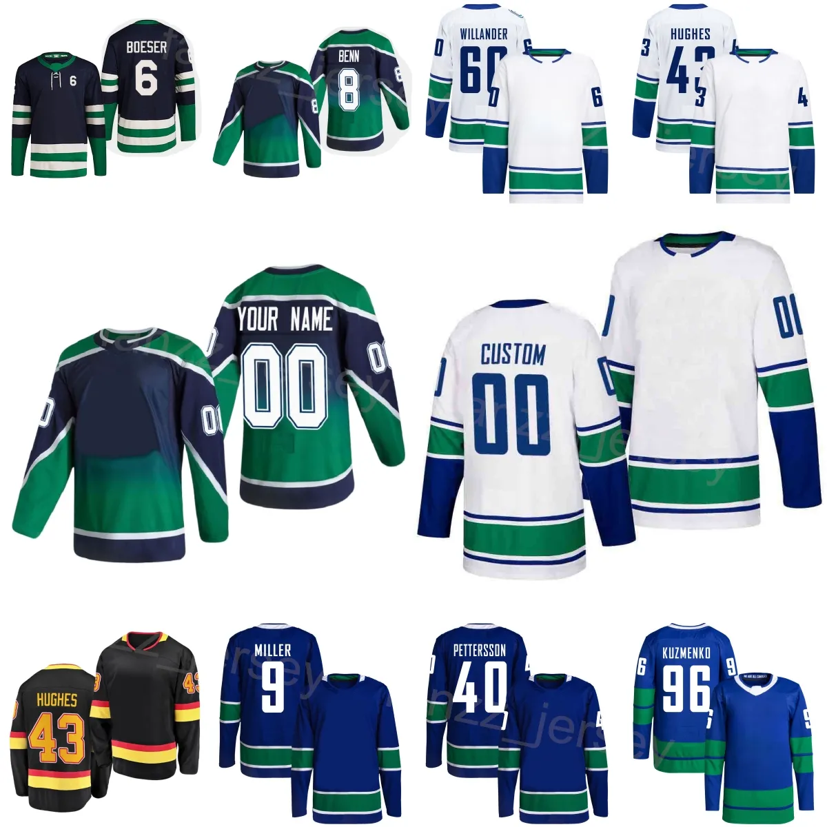 Zszyty hokej 43 Quinn Hughes Jersey 96 Andrei Kuzmenko 6 Brock Boeser 8 Conor Garland 60 Tom Willander 40 Elias Pettersson 9 JT Miller Navy White Man Woman Youth