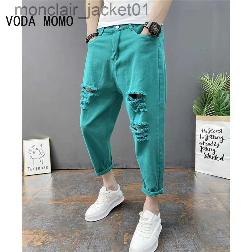 Jeans masculinos tendência japonesa novos homens rasgados buraco jeans branco verde preto tornozelo comprimento juventude moda solta denim harem calças de carga j231006
