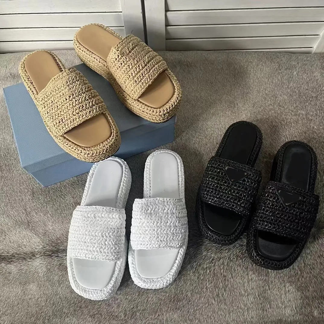 Damen-Luxus-Designer-Freizeitsandalen, Damen-Hausschuhe, Slides, echtes Leder, gehäkelt, flache Plattform, gewebt, Monolith-Sohle, Mule, Stroh-Slipper, Strand-Damen-Flip-Flops