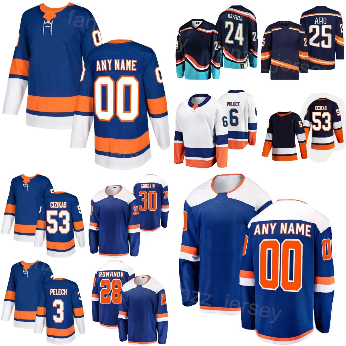 Men Women Kids Hockey 25 Sebastian Aho Jersey 28 Romanov 53 Casey Cizikas 3 Adam Pelech 6 Ryan Pulock 24 Scott Mayfield Ilya Sorokin Reverse Retro Custom Name Number