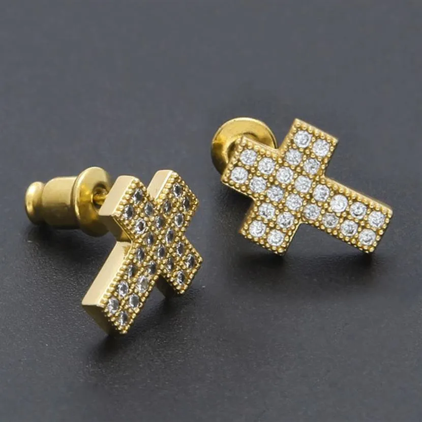 Nya killar 18k guldpläterade herrar blingbling diamant cross stud örhängen män kvinnor hip hop örhängen tappar is ut smycken för kvinnor 310e