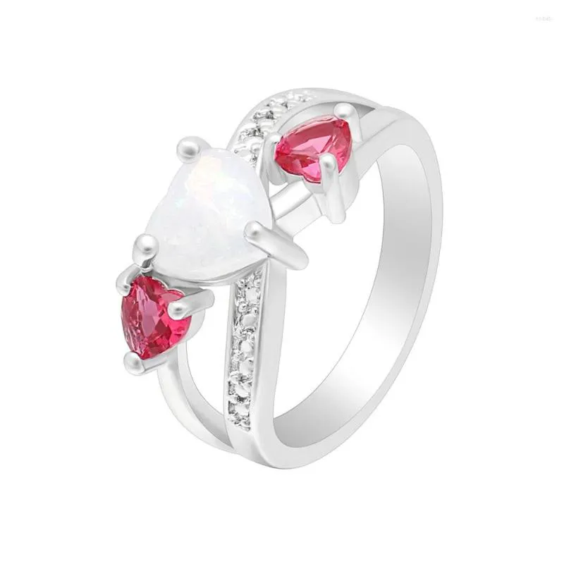 Anéis de cluster Hainon branco e rosa opala para mulheres forma de coração 2023 design dedo noivado prata cor cheia jewlry