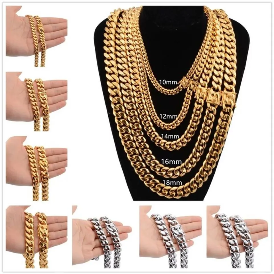8mm 10mm 12mm 14mm 16mm Miami Cuban Link Chains Stainless Steel Mens 14K Gold Chains High Polished Punk Curb Hip Hop Necklaces2726