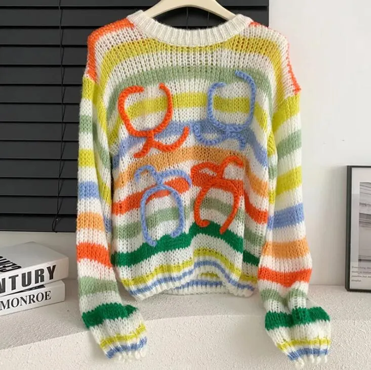Rainbow striped letter knit sweater best sale