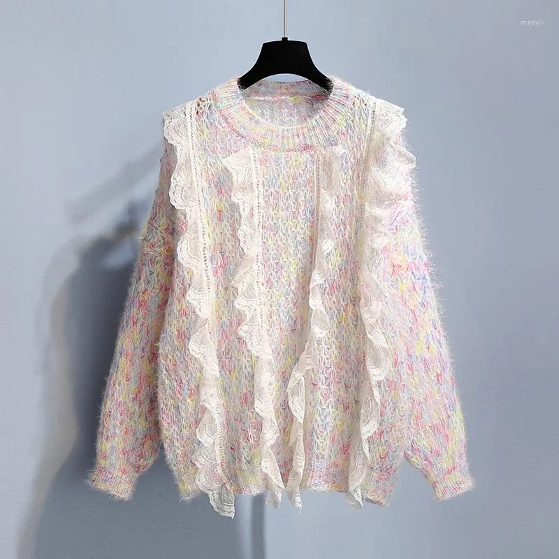 Maglioni da donna Peloso Morbido Patchwork di pizzo Lavorato a maglia Maglione da donna Pullover Autunno Inverno 2023 O-Collo a maniche lunghe Dolce femminile Tira