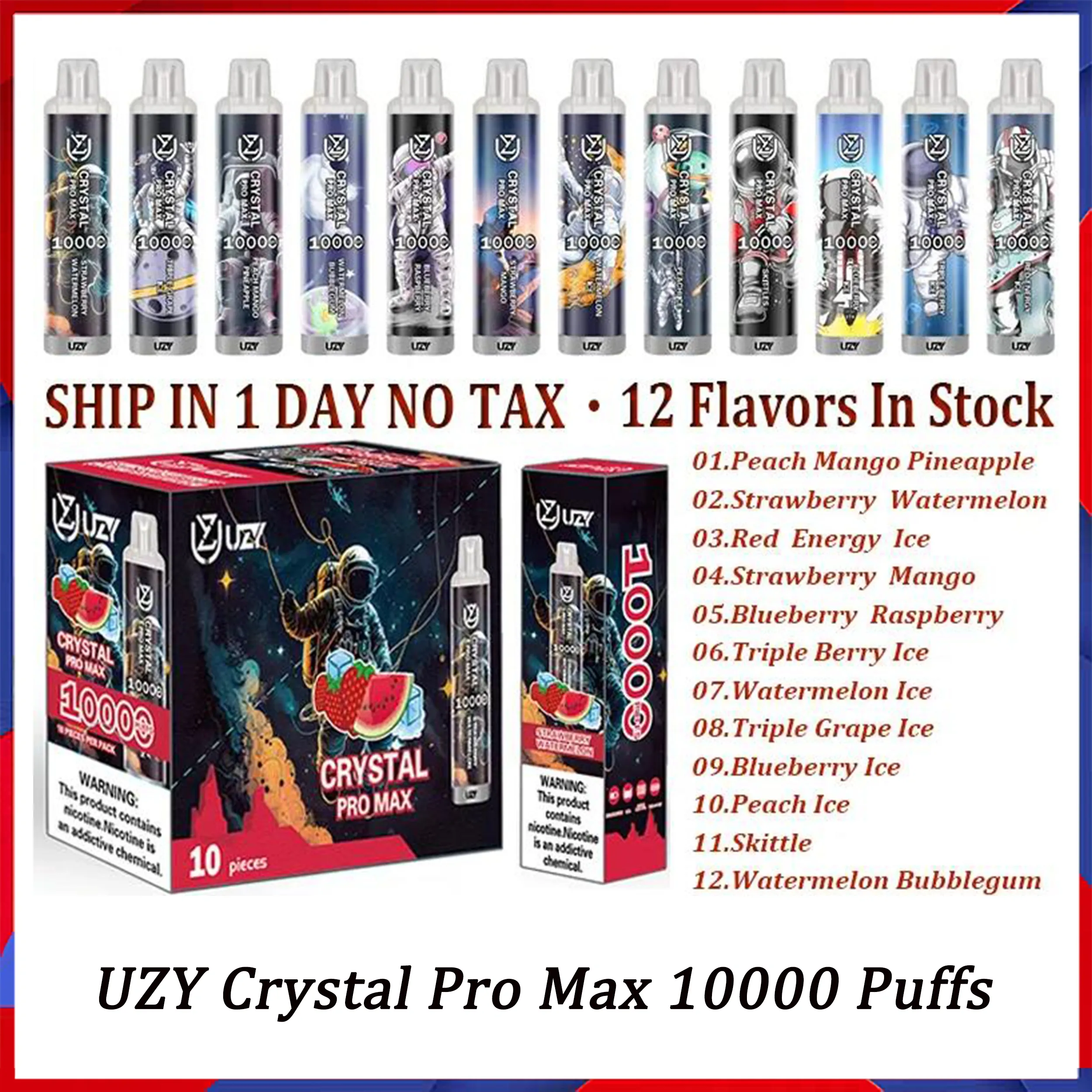 Original UZY Crystal Pro Max 10 000 bouffées de cigarettes électroniques jetables, bobine de maille de 1,2 ohm, batterie de 16 ml, batterie rechargeable, cigarettes électroniques, bouffée 10K 0% 2% 3% 5% RBG Light