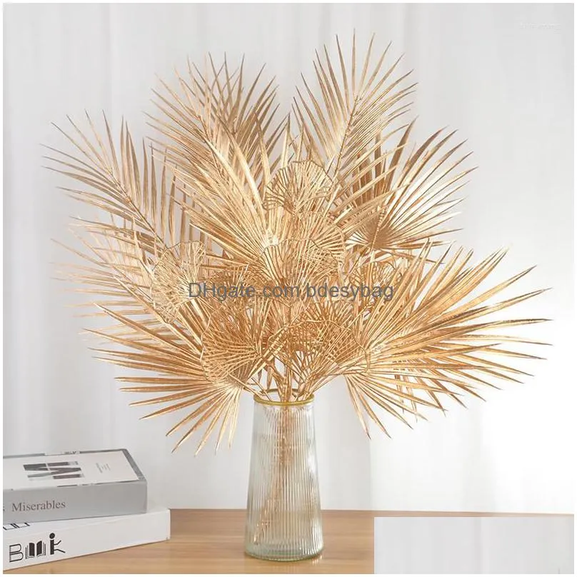 decorative flowers artificial gold plant golden plam tree leaves fake wedding arrangement po props christmas birthday party home decor