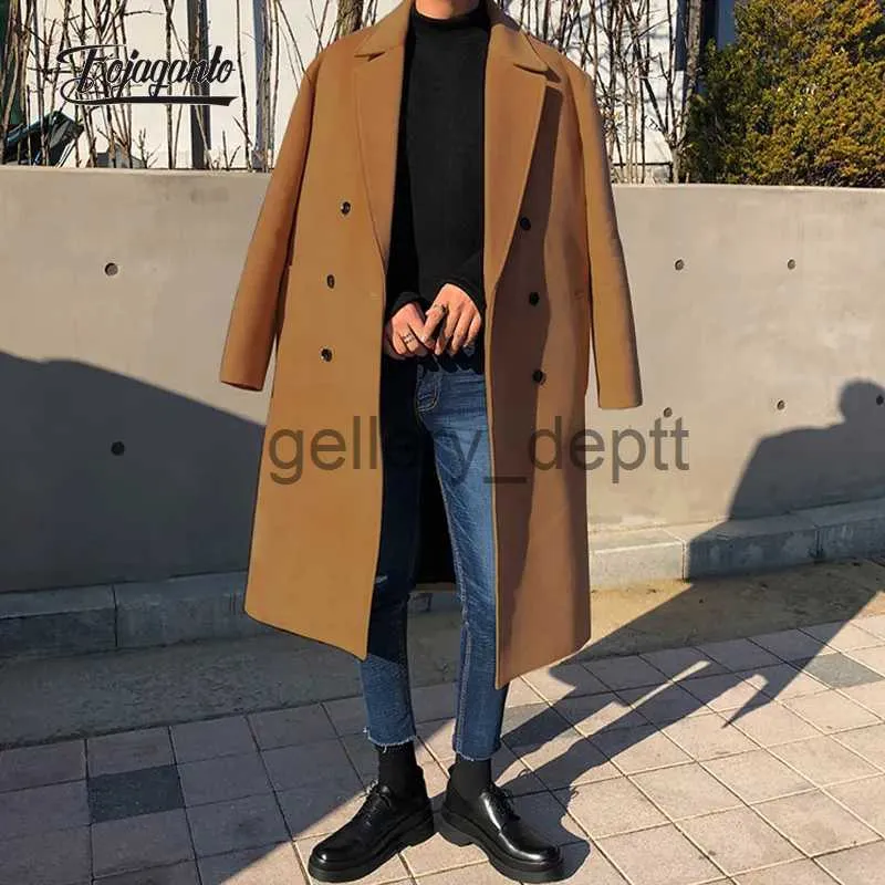 Men's Wool Blends FOJAGANTO Autumn Winter Fashion Woolen Blends Coat Men Korean Style Lapel Solid Color Windbreaker Thick British Casual Coat Male J231006