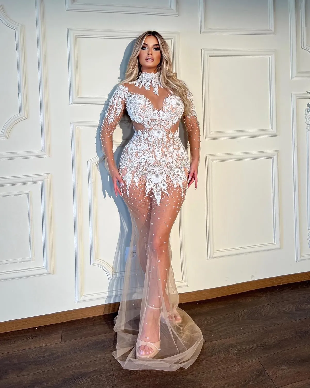 2023 Oct Arabic Aso Ebi Plus Size Champagne Mermaid Wedding Dress For Bride Lace Pearls Crystals Bridal Gowns Dresses ZJ046