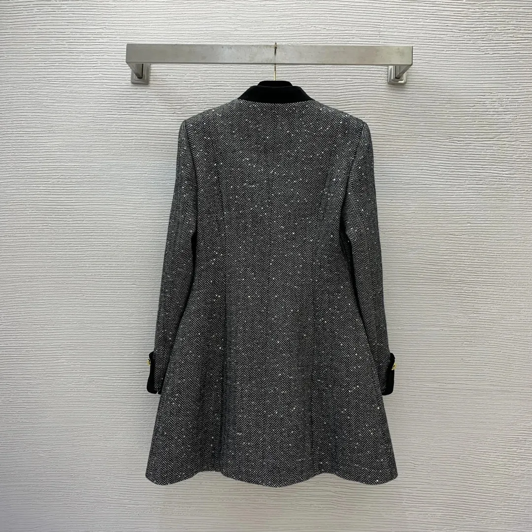 Women's Wool Blends Autumn and Winter Mid Length Coat Contrast Panel Rund Neck Button Slim Fit Sequin Dress Outw88ear G22111142 231006