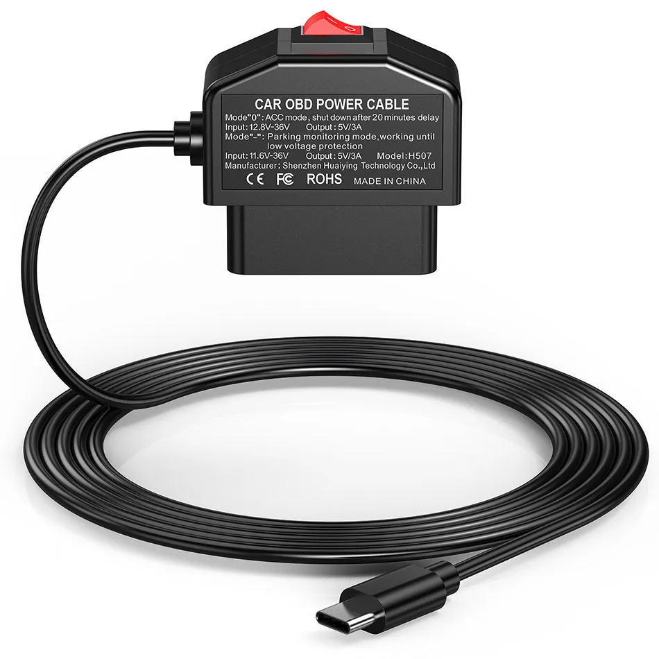 Carro obd cabo de alimentação hardwire kit 24 horas estacionamento com mini mico usb tipo c porta 5v 3a cabos carregamento para xiaomi 70mai yi 360 traço cam dvr gps