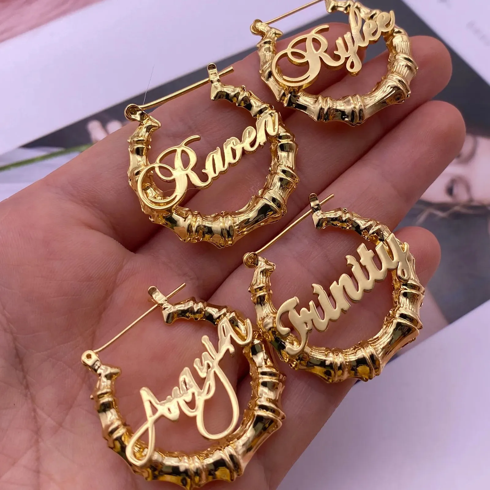 Personalized Bamboo Hoop Earrings Custom Nameplate Hoops for Kids Babies Adults Unique 2024 Gift