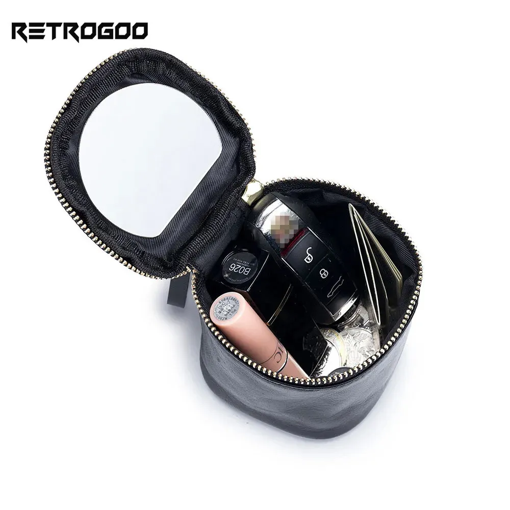 RETROGOO dames sac cosmétique avec miroir de maquillage en cuir véritable femmes rouge à lèvres sac petit étui cosmétique pour filles Mini porte-monnaie 231006