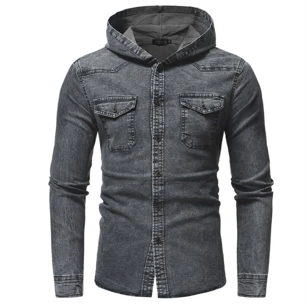 Chemises homme chemise en jean homme à capuche Pocekt gris chemise sociale simple boutonnage Blusa De Frio Masculina satin NZ672308Q