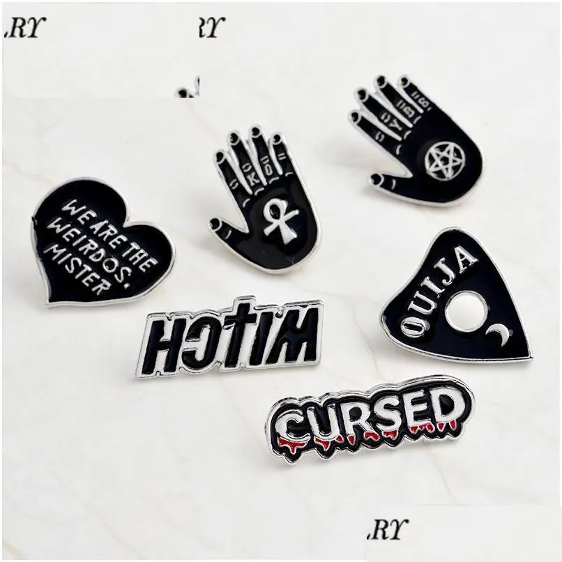 Pinos broches alfinetes e bruxa amaldiçoada ouija nós somos os esquisitos senhor preto conjunto de pinos de metal em forma de coração letras goth punk jóias gota