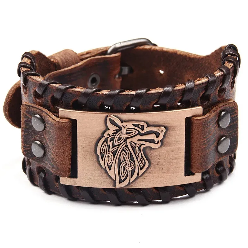 Bangle Vintage Viking Leather Blaced Bracelet for Men Celtic Wolf Head armbanden Classic Animal Motifs sieraden op de handaccessoires 231006