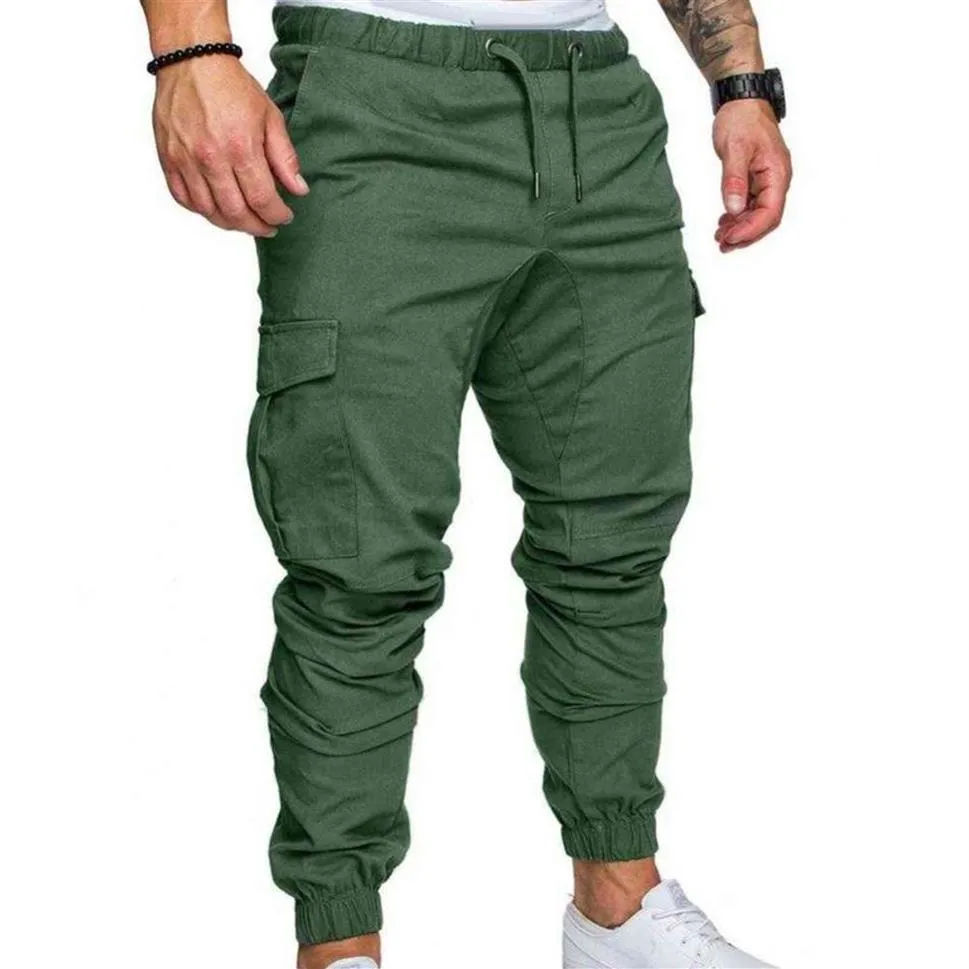 Calças de moletom streetwear calças masculinas cintura cordão tornozelo amarrado calças de carga magros homens casuais calças de cor sólida h1122206i