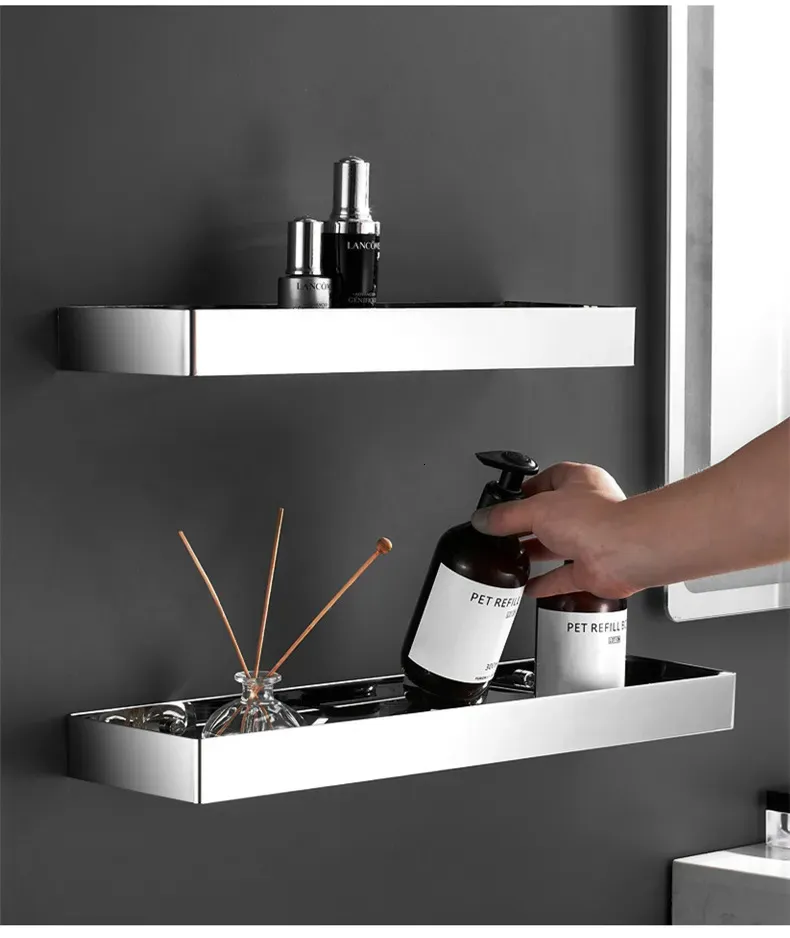 Bathroom Shelves Punch-free Stainless steel Chrome Bathroom Shelves Kitchen Wall Shelf Shower Storage Rack Black Bathroom Accessories 30-50cm 230926